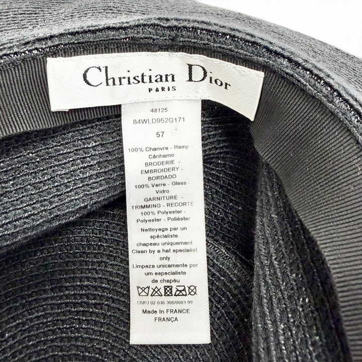 美品△Christian Dior クリスチャンディオール 84WLD952G171 ヘンプ100％ JADIOR ビーズリボン ストローハット 麦わら帽子 黒 57 正規品