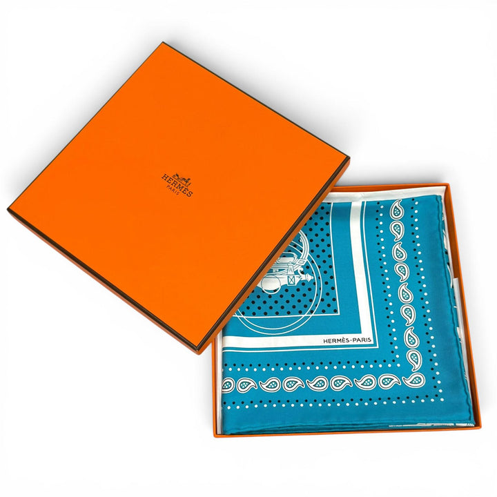 極美品★HERMES エルメス カレ55 Ex-Libris エクスリブリス シルク100％ スカーフ ターコイズ フランス製 レディース 箱付き