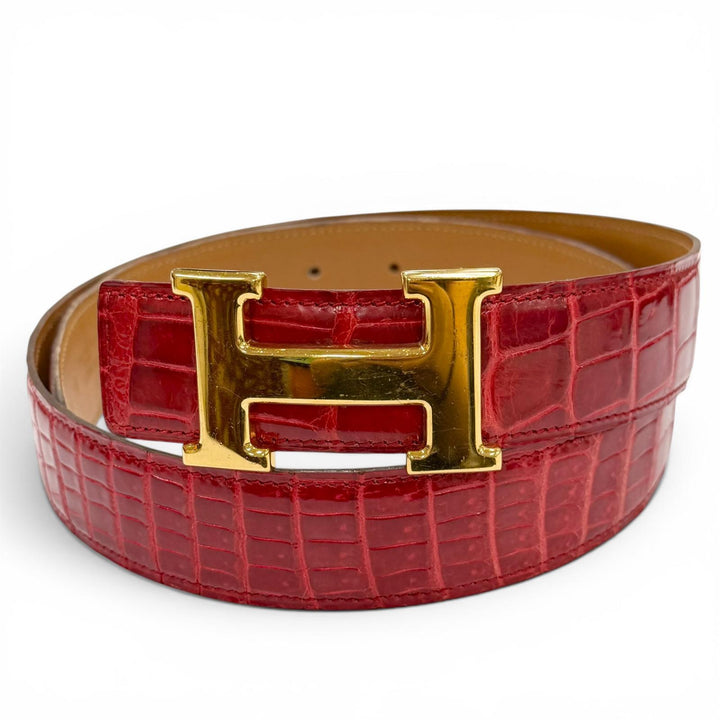良品▼HERMES エルメス ポロサス コンスタンス クロコダイル ゴールド金具 Hロゴ レザーベルト レッド 90 □K刻印 仏製 メンズ 保存袋付