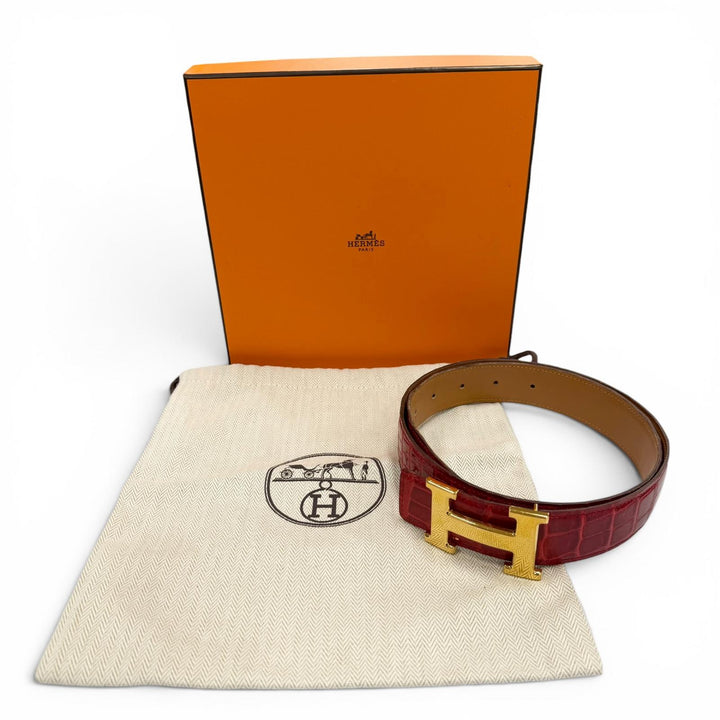 良品▼HERMES エルメス ポロサス コンスタンス クロコダイル ゴールド金具 Hロゴ レザーベルト レッド 90 □K刻印 仏製 メンズ 保存袋付