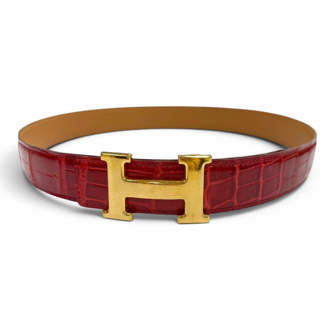 良品▼HERMES エルメス ポロサス コンスタンス クロコダイル ゴールド金具 Hロゴ レザーベルト レッド 90 □K刻印 仏製 メンズ 保存袋付