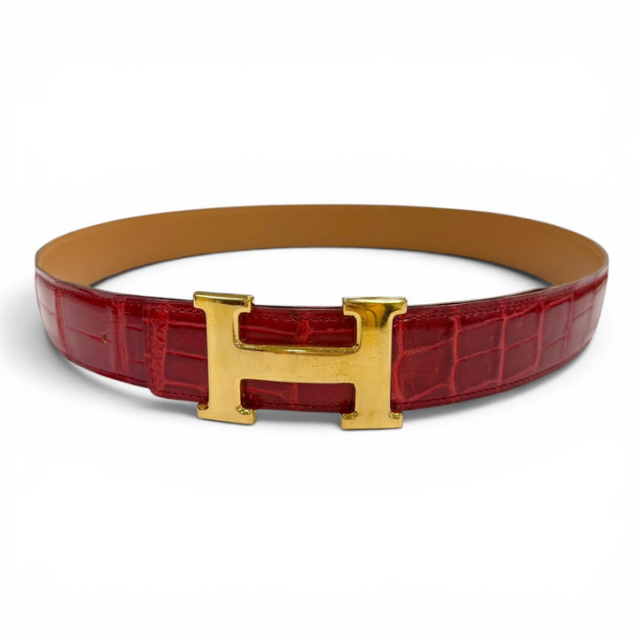 良品▼HERMES エルメス ポロサス コンスタンス クロコダイル ゴールド金具 Hロゴ レザーベルト レッド 90 □K刻印 仏製 メンズ 保存袋付