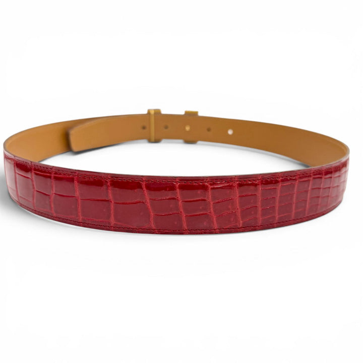 良品▼HERMES エルメス ポロサス コンスタンス クロコダイル ゴールド金具 Hロゴ レザーベルト レッド 90 □K刻印 仏製 メンズ 保存袋付