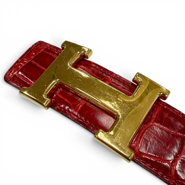 良品▼HERMES エルメス ポロサス コンスタンス クロコダイル ゴールド金具 Hロゴ レザーベルト レッド 90 □K刻印 仏製 メンズ 保存袋付