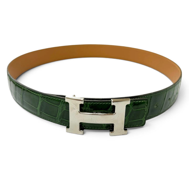 良品□HERMES エルメス クロコダイル ポロサス コンスタンス Hロゴバックル レザーベルト グリーン シルバー 85 □K刻印 フランス製