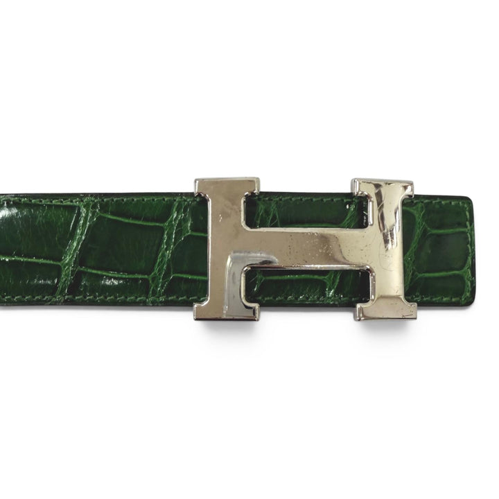 良品□HERMES エルメス クロコダイル ポロサス コンスタンス Hロゴバックル レザーベルト グリーン シルバー 85 □K刻印 フランス製