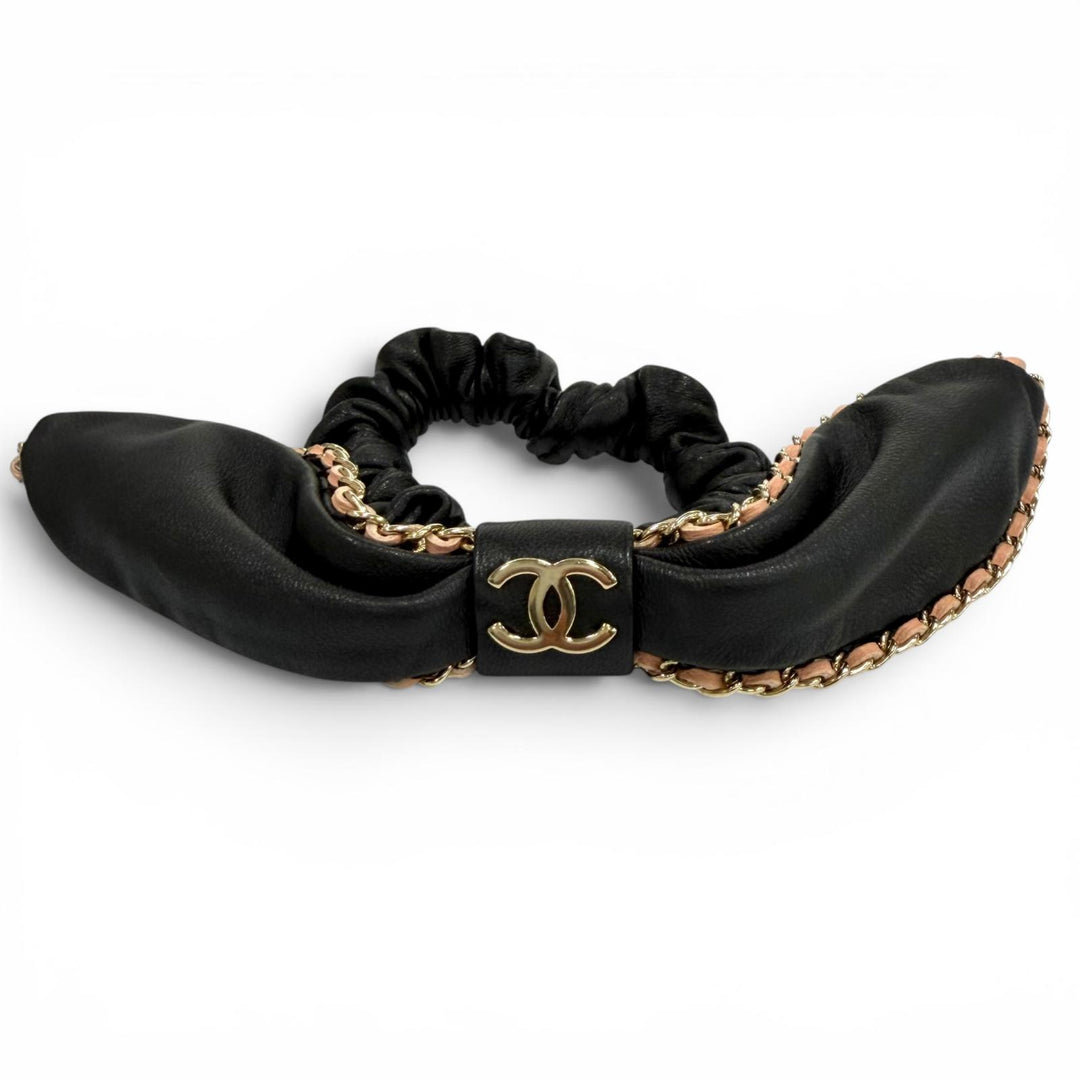 美品★CHANEL シャネル A22S チェーン使い ココマーク レザーリボン シュシュ ブラック ピンク ゴールド金具 フランス製 レディース