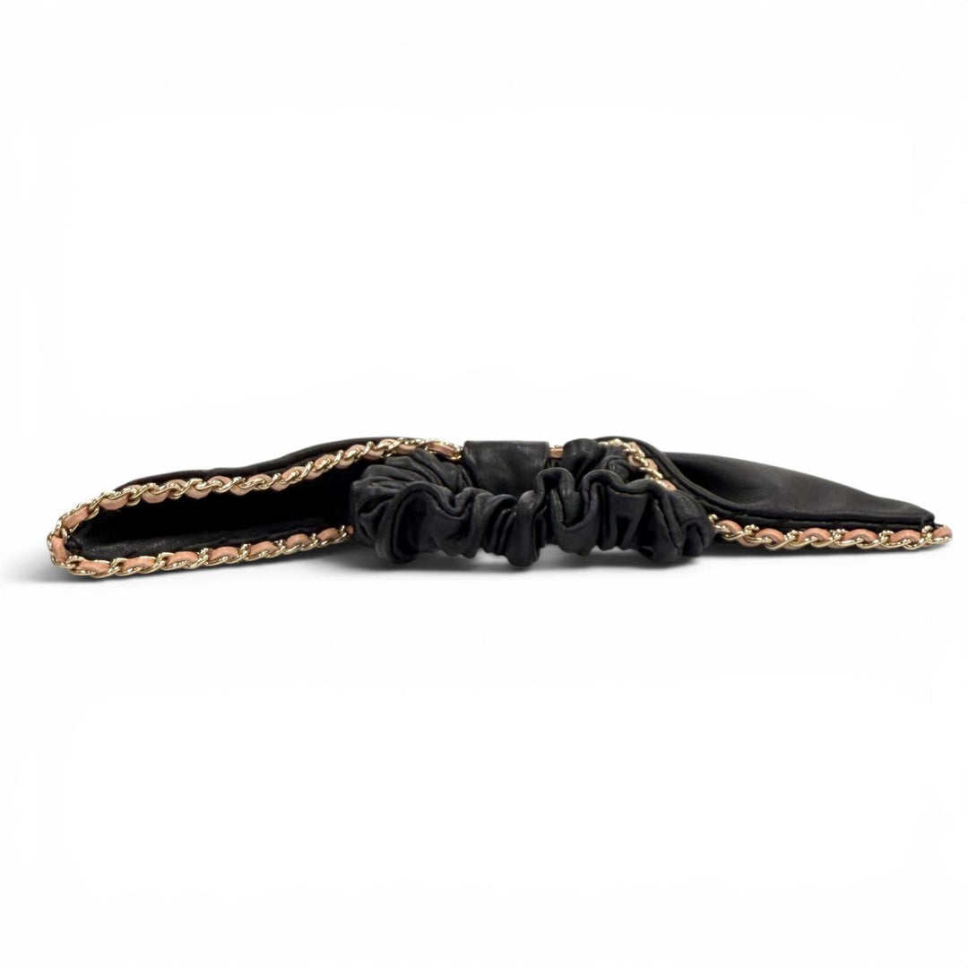 美品★CHANEL シャネル A22S チェーン使い ココマーク レザーリボン シュシュ ブラック ピンク ゴールド金具 フランス製 レディース