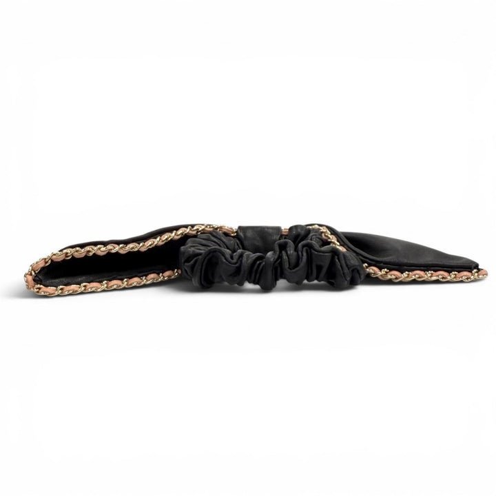 美品★CHANEL シャネル A22S チェーン使い ココマーク レザーリボン シュシュ ブラック ピンク ゴールド金具 フランス製 レディース