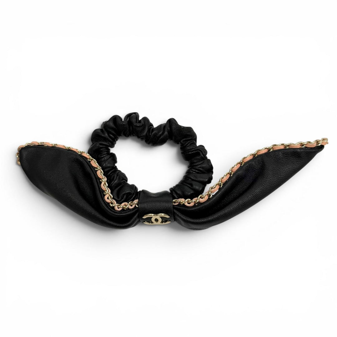 美品★CHANEL シャネル A22S チェーン使い ココマーク レザーリボン シュシュ ブラック ピンク ゴールド金具 フランス製 レディース