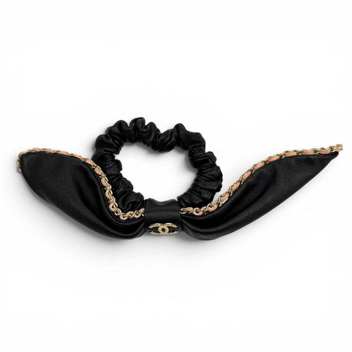 美品★CHANEL シャネル A22S チェーン使い ココマーク レザーリボン シュシュ ブラック ピンク ゴールド金具 フランス製 レディース