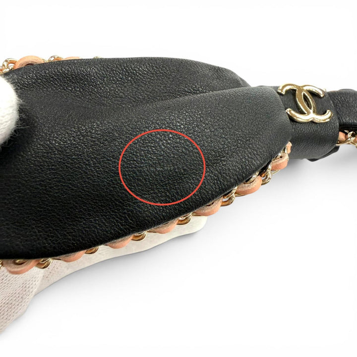 美品★CHANEL シャネル A22S チェーン使い ココマーク レザーリボン シュシュ ブラック ピンク ゴールド金具 フランス製 レディース