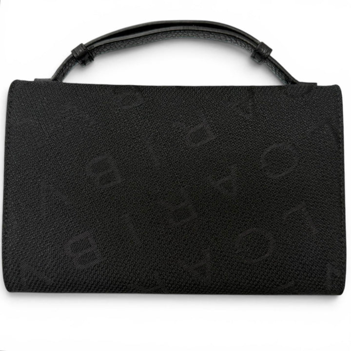 美品□BVLGARI ブルガリ キャンバス レザー ロゴ総柄 レザーストラップ付 ブルガリブルガリ ショルダーウォレット 長財布 黒 イタリア製