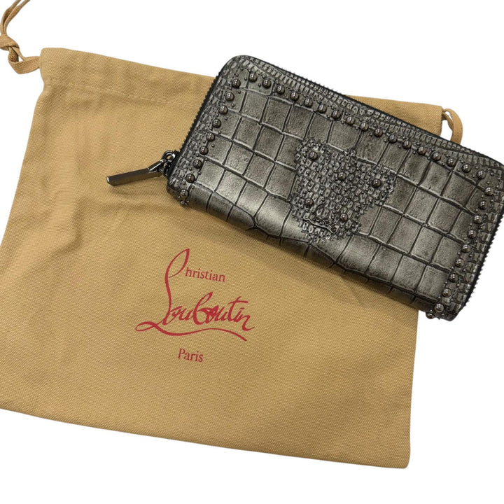極美品□Christian Louboutin クリスチャンルブタン Panettone パネトーネ レザー ラウンドスタッズ クロコ型押 長財布 チャコール 伊製