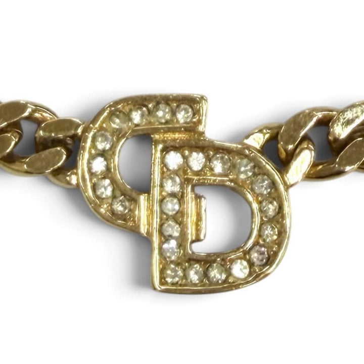美品★Christian Dior クリスチャンディオール ヴィンテージ CDロゴ ラインストーン 喜平チェーン チョーカー ネックレス ゴールド