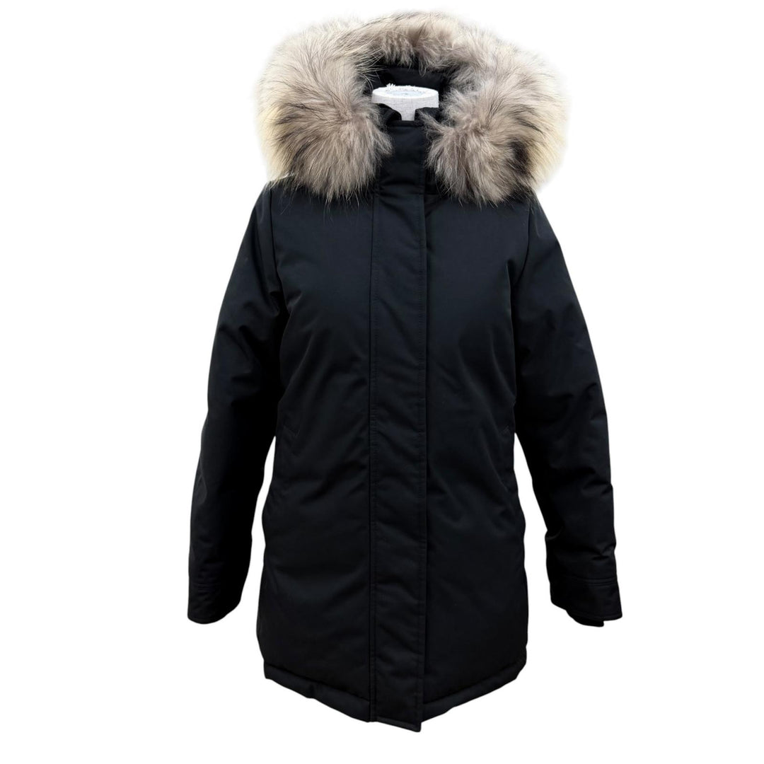 美品☆Pyrenex ピレネックス BORDEAUX ラクーンファー・フード付 ZIP UP ダウンコート ダウンジャケット ブラック 36 正規品 レディース