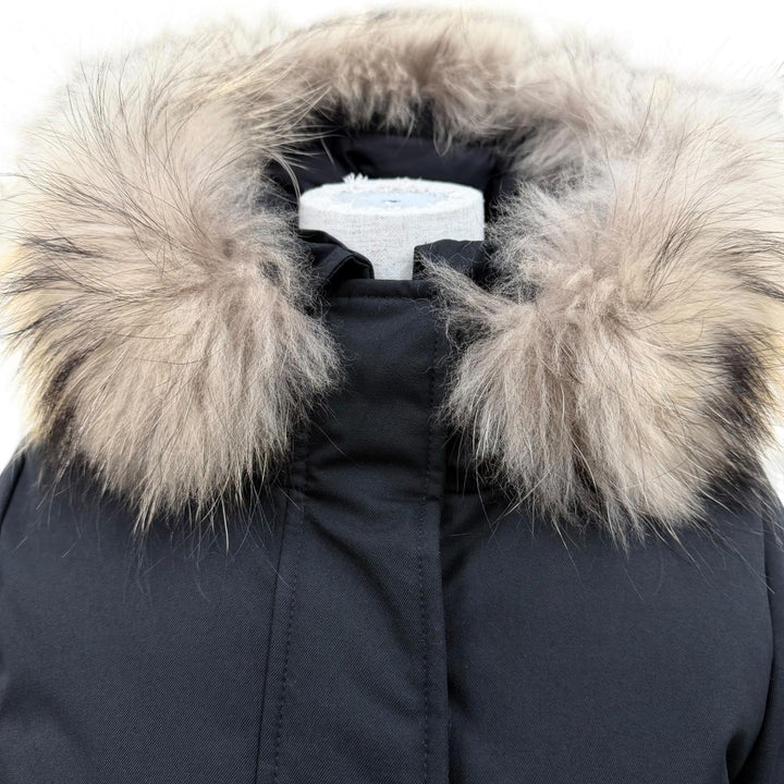 美品☆Pyrenex ピレネックス BORDEAUX ラクーンファー・フード付 ZIP UP ダウンコート ダウンジャケット ブラック 36 正規品 レディース