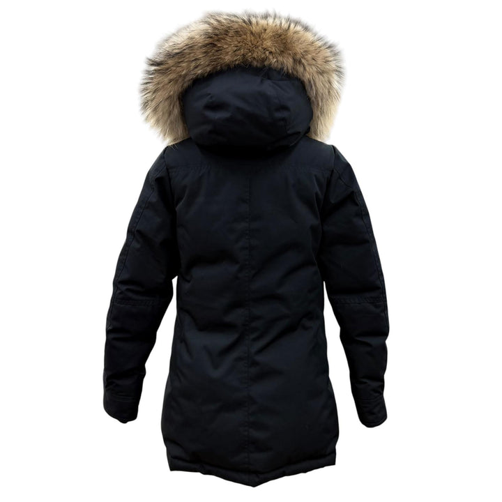 美品☆Pyrenex ピレネックス BORDEAUX ラクーンファー・フード付 ZIP UP ダウンコート ダウンジャケット ブラック 36 正規品 レディース