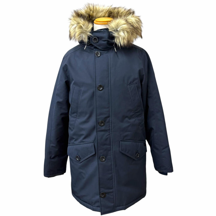 極美品□POLO RALPH LAUREN ポロ ラルフローレン 一部レザー使用 ファーフーデッド ダウンコート ダウンジャケット ネイビー M 正規品