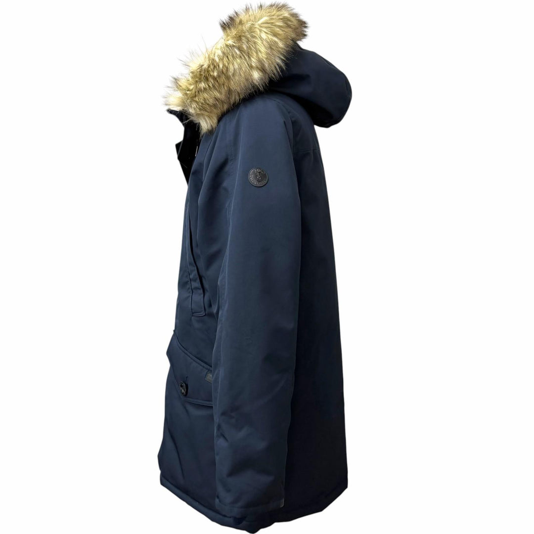 極美品□POLO RALPH LAUREN ポロ ラルフローレン 一部レザー使用 ファーフーデッド ダウンコート ダウンジャケット ネイビー M 正規品