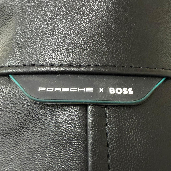 極美品□BOSS PORSCHE ボス ポルシェ Neat Ps スタンドカラー ダブルジップ ライダース ラムレザージャケット ブラック 50 正規品 メンズ