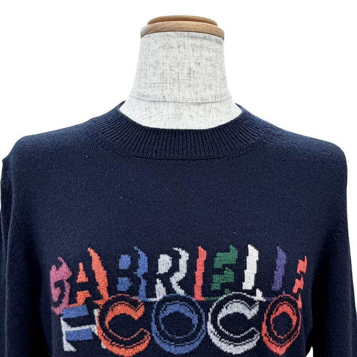 美品△CHANEL シャネル P57330 GABRELLE COCO カシミヤ100％ ココマーク 長袖 ニット セーター ネイビー マルチカラー 36 英国製 正規品