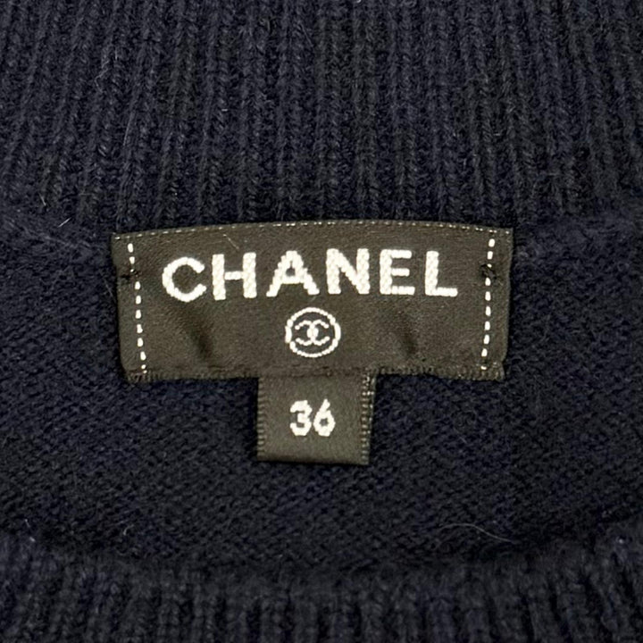 美品△CHANEL シャネル P57330 GABRELLE COCO カシミヤ100％ ココマーク 長袖 ニット セーター ネイビー マルチカラー 36 英国製 正規品