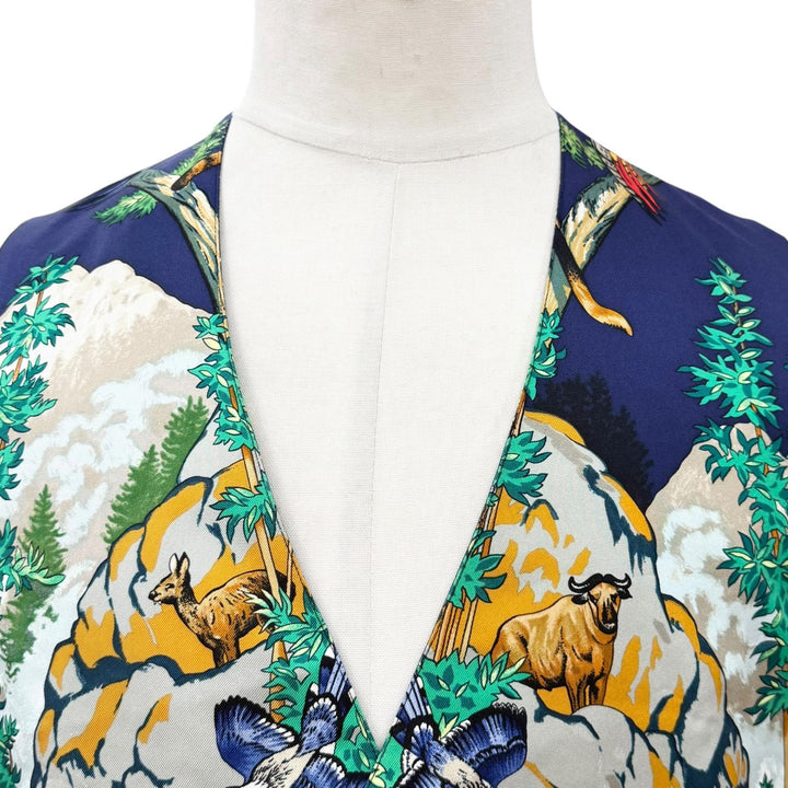 極美品▼HERMES エルメス ヴィンテージ シルク100% SICHUAN 四川省 Vネック ジレ ベスト グリーン ネイビー 52 フランス製 メンズ