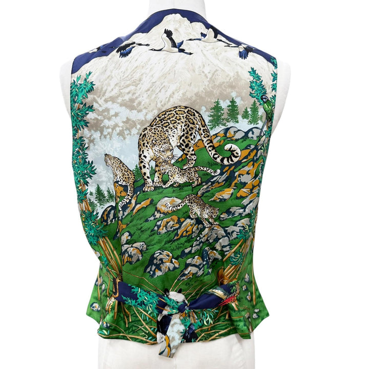 極美品▼HERMES エルメス ヴィンテージ シルク100% SICHUAN 四川省 Vネック ジレ ベスト グリーン ネイビー 52 フランス製 メンズ
