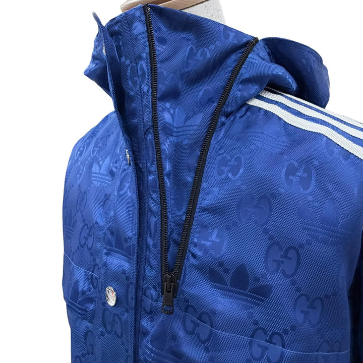 極美品◇GUCCI adidas グッチ アディダス 702298 GG柄 トレフォイル サイドライン ナイロンジャケット 青 38 イタリア製 正規品 メンズ