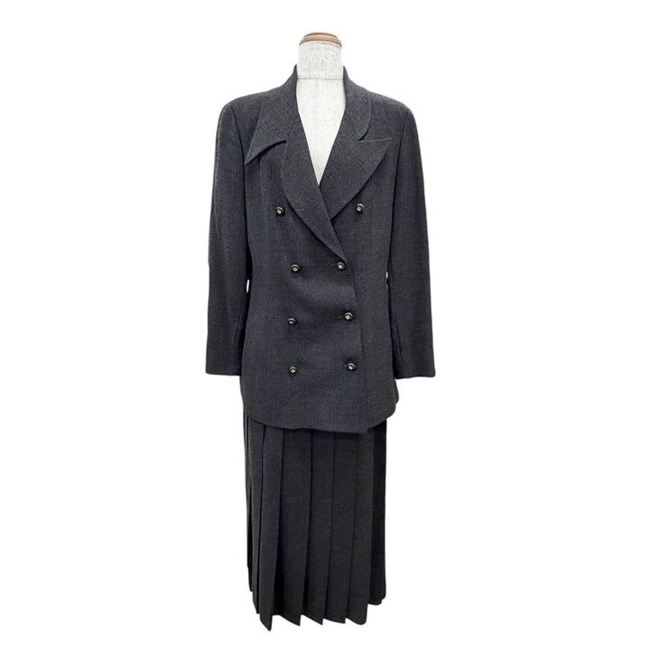 美品△CHANEL シャネル ヴィンテージ 90年代 クローバーボタン ジャケット ロングプリーツスカート スーツ セットアップ 38 仏製 正規品