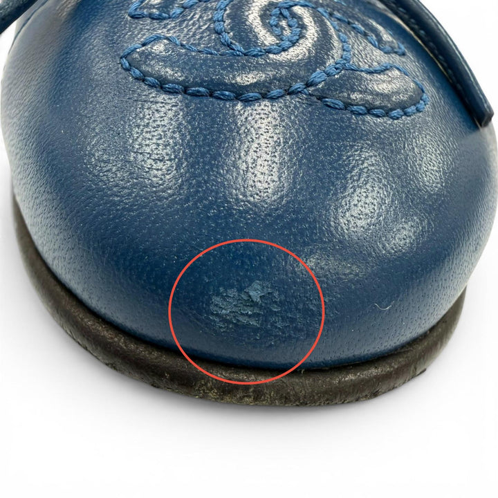 美品☆CHANEL シャネル G02819 バレリーナ ココマーク リボン レザー フラットパンプス バレエシューズ ネイビー 35.5 イタリア製