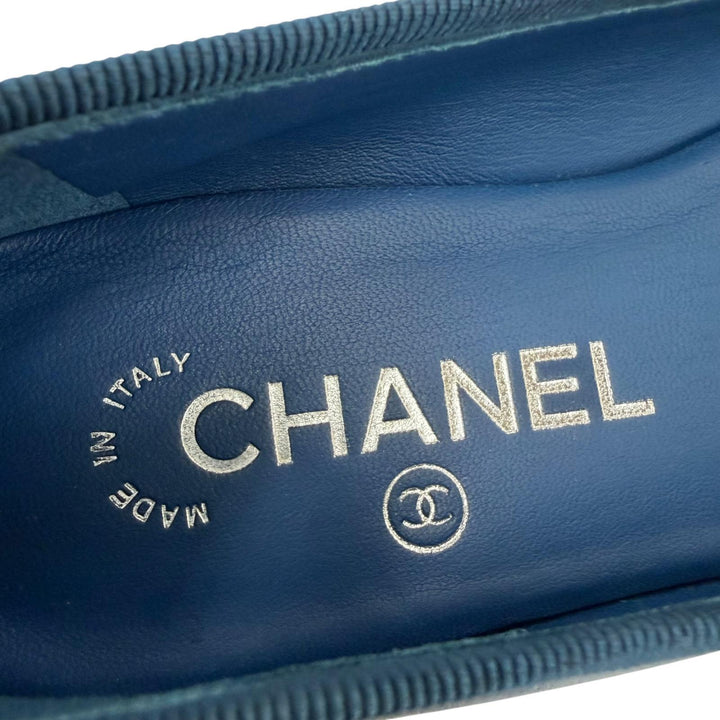美品☆CHANEL シャネル G02819 バレリーナ ココマーク リボン レザー フラットパンプス バレエシューズ ネイビー 35.5 イタリア製