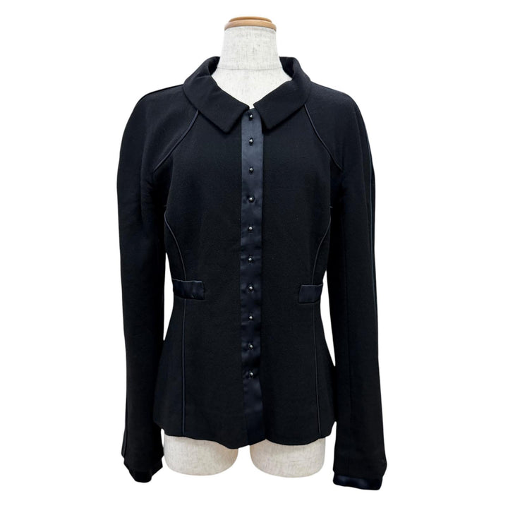 美品△CHANEL シャネル ヴィンテージ 02A P19727 ウール100％ シルク使い ココマーク サテンパイピング ジャケット ブラック ネイビー 40