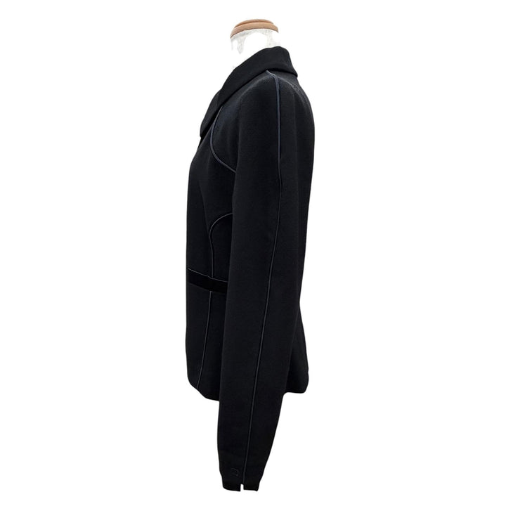 美品△CHANEL シャネル ヴィンテージ 02A P19727 ウール100％ シルク使い ココマーク サテンパイピング ジャケット ブラック ネイビー 40