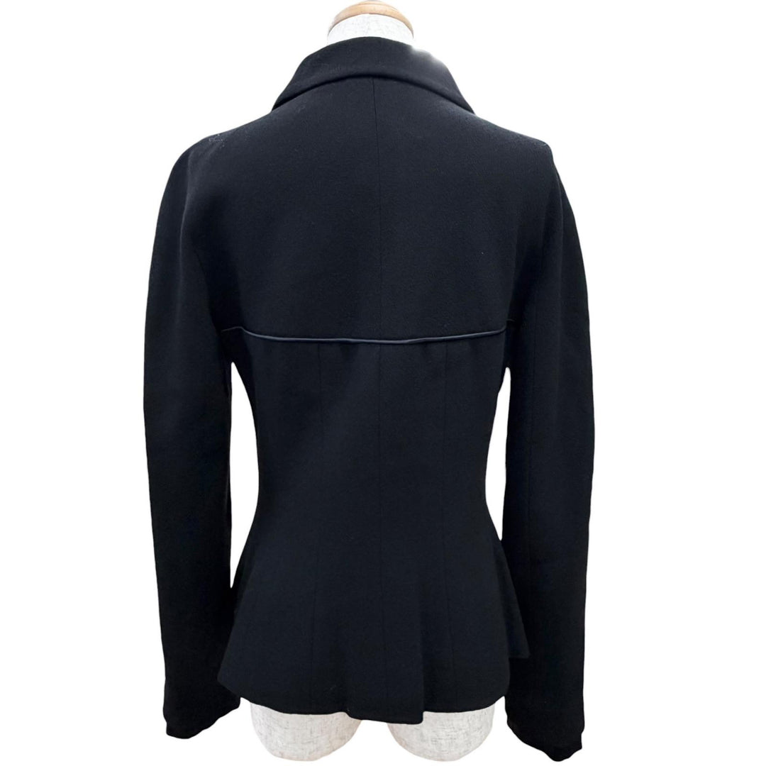 美品△CHANEL シャネル ヴィンテージ 02A P19727 ウール100％ シルク使い ココマーク サテンパイピング ジャケット ブラック ネイビー 40