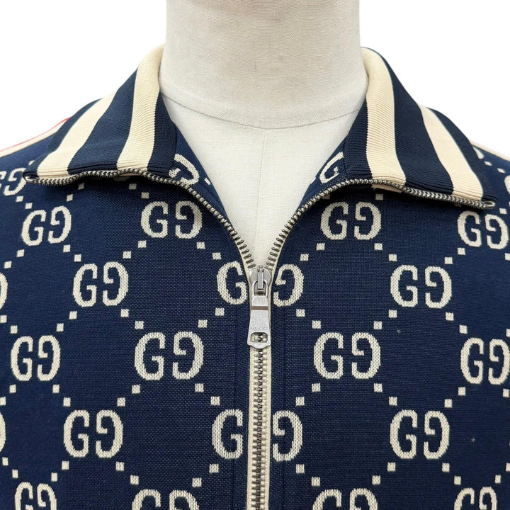 極美品▼GUCCI グッチ 496919 コットン100% GGジャカード ZIPUP ブルゾン トラックジャケット ネイビー S イタリア製 正規品 メンズ