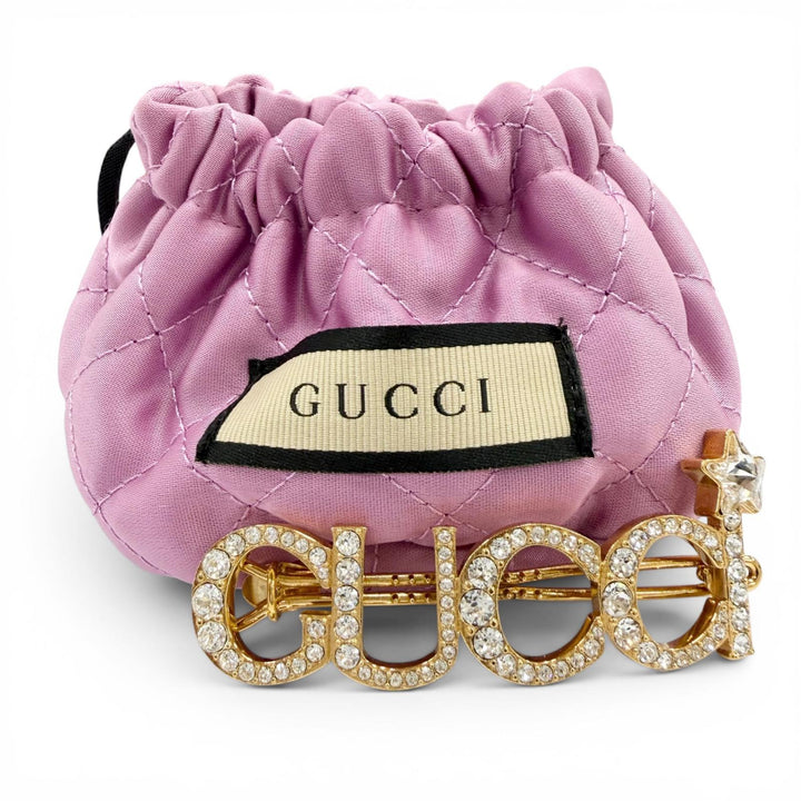 美品☆GUCCI グッチ 729104 ロゴデザイン ラインストーン ヘアアクセサリー ヘアクリップ ゴールド シルバー イタリア製 保存袋付き