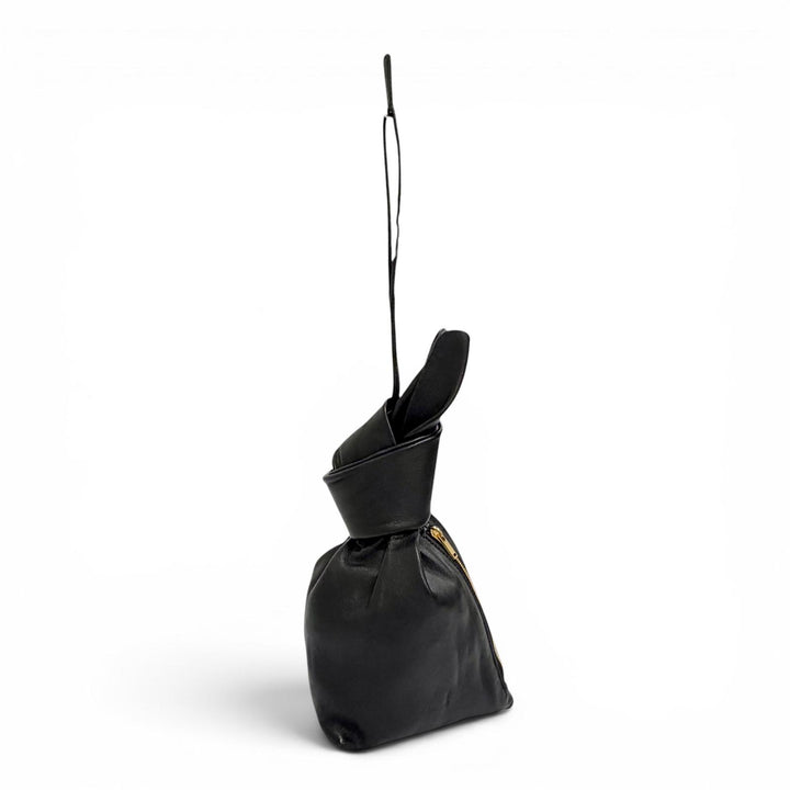 美品△JIL SANDER ジルサンダー RABBIT ラビット ポーチ ミディアム ラムレザー ウサギ ブラック ゴールド金具 イタリア製 定価94600円