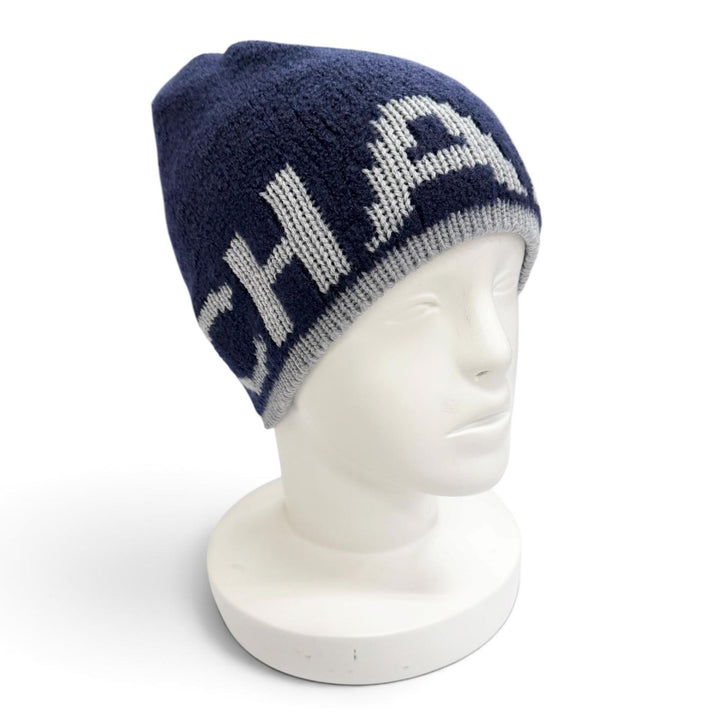 美品△CHANEL シャネル 21B カシミヤ ウール ロゴデザイン ニット帽 ビーニー ニットキャップ ダークネイビー グレー イギリス製 正規品