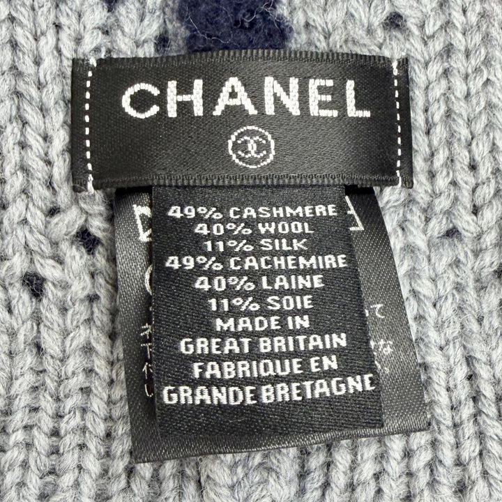 美品△CHANEL シャネル 21B カシミヤ ウール ロゴデザイン ニット帽 ビーニー ニットキャップ ダークネイビー グレー イギリス製 正規品