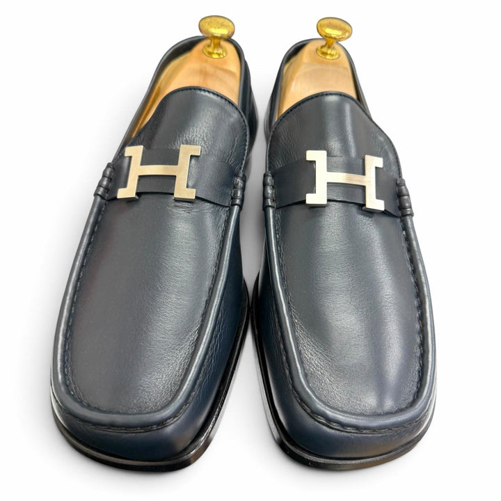 未使用品□HERMES エルメス レザー シルバー金具 コンスタンス Hロゴ ローファー モカシン ネイビー 40.5 イタリア製 メンズ 保存袋付き