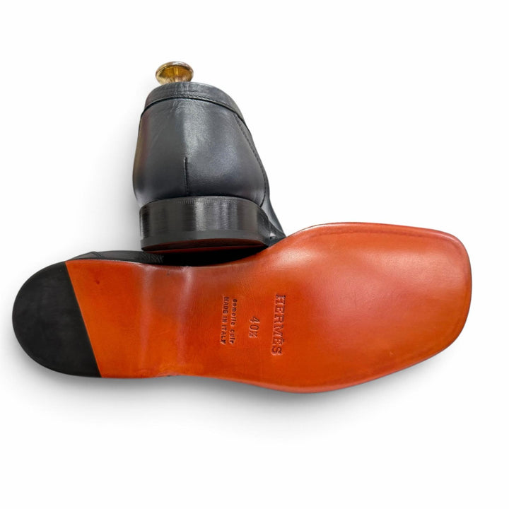 未使用品□HERMES エルメス レザー シルバー金具 コンスタンス Hロゴ ローファー モカシン ネイビー 40.5 イタリア製 メンズ 保存袋付き