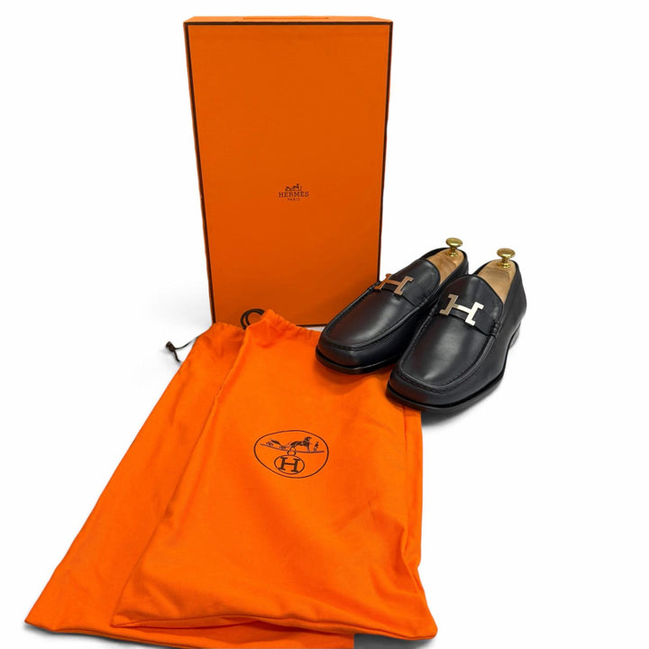 未使用品□HERMES エルメス レザー シルバー金具 コンスタンス Hロゴ ローファー モカシン ネイビー 40.5 イタリア製 メンズ 保存袋付き