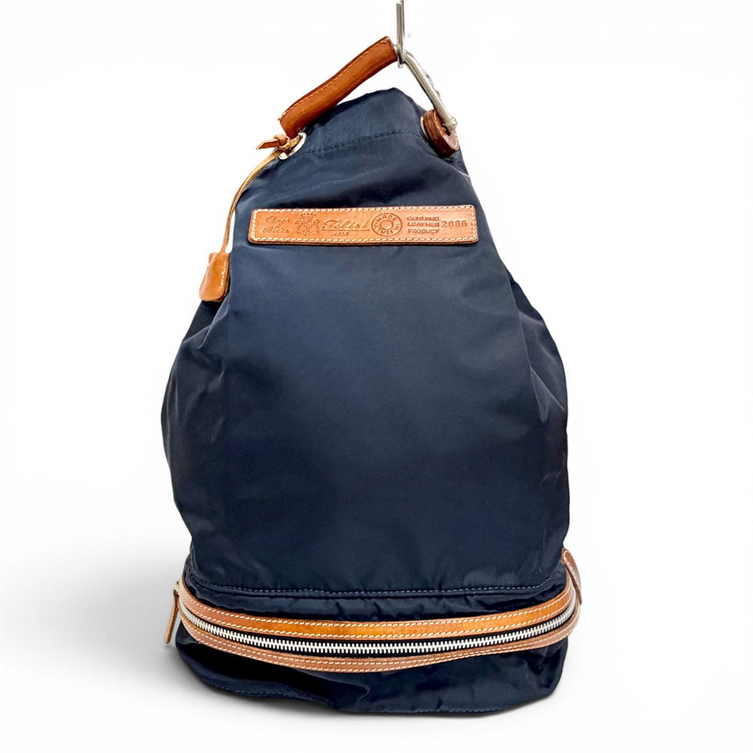 美品△Felisi フェリージ ナイロン レザー 鍵2本 カデナ ロゴレザーパッチ ボンサック ワン ショルダーバッグ ネイビー ブラウン メンズ