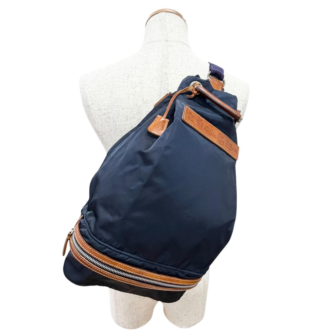美品△Felisi フェリージ ナイロン レザー 鍵2本 カデナ ロゴレザーパッチ ボンサック ワン ショルダーバッグ ネイビー ブラウン メンズ