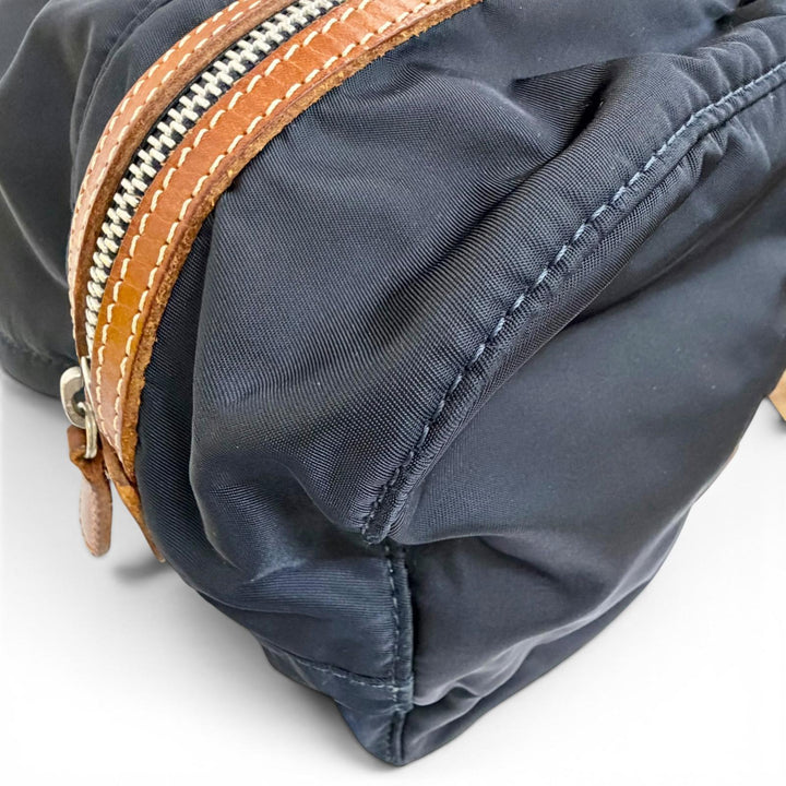 美品△Felisi フェリージ ナイロン レザー 鍵2本 カデナ ロゴレザーパッチ ボンサック ワン ショルダーバッグ ネイビー ブラウン メンズ