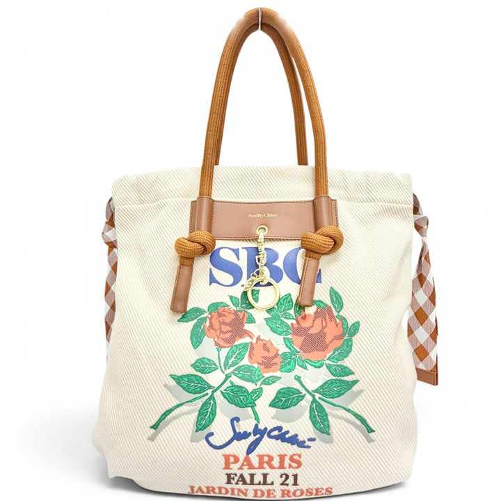 極美品△SEE BY CHLOE シーバイクロエ SA64992W BETH CARRY ALL TOTE ロゴチャーム ローズプリント キャンバス トートバッグ 保存袋付き