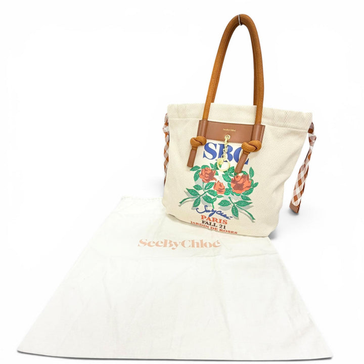 極美品△SEE BY CHLOE シーバイクロエ SA64992W BETH CARRY ALL TOTE ロゴチャーム ローズプリント キャンバス トートバッグ 保存袋付き