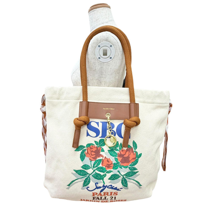 極美品△SEE BY CHLOE シーバイクロエ SA64992W BETH CARRY ALL TOTE ロゴチャーム ローズプリント キャンバス トートバッグ 保存袋付き